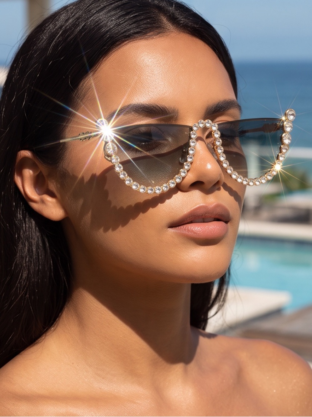 Glam Rhinestone Rimless Cat-Eye Sunglasses – Gold / Clear Crystals